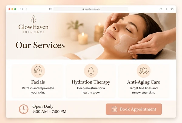 A skincare brand website page showing the service, three service cards and the opening hours