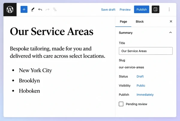A WordPress editor showing a service area page being written for a bespoke tailor
