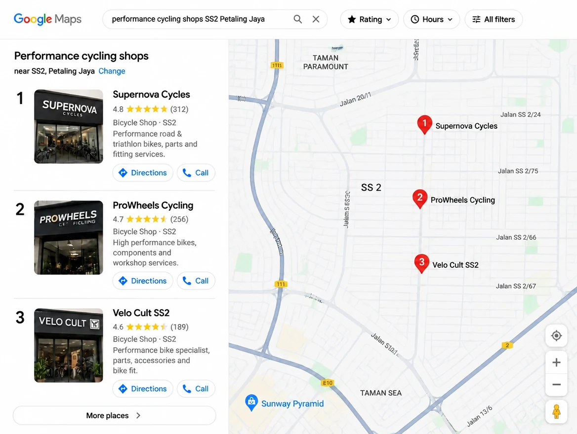 Map results for bicycle shops in SS2 Petaling Jaya with ratings and directions buttons