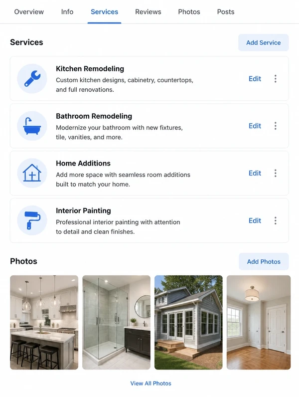 A business profile services tab showing a service list and a photograph gallery