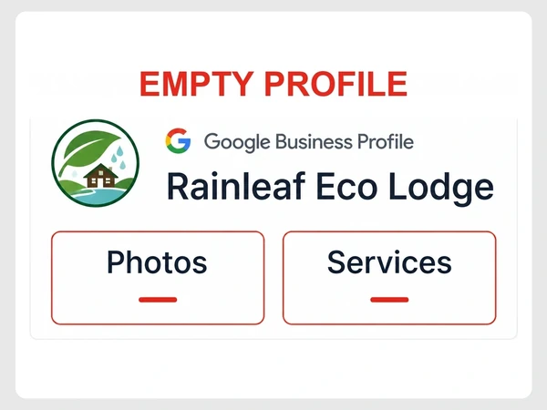 Rainleaf Eco Lodge Google Business Profile shows red dashes for both Photos and Services.