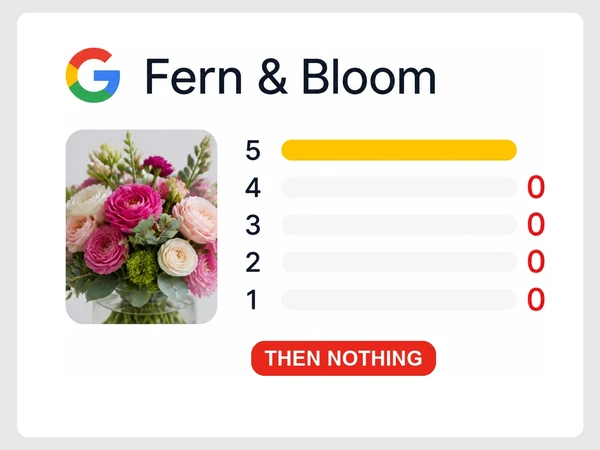 Fern & Bloom reviews chart has one tall bar followed by five empty slots marked zero.