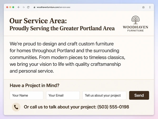 A furniture maker service area page with a short intro and a three field enquiry block