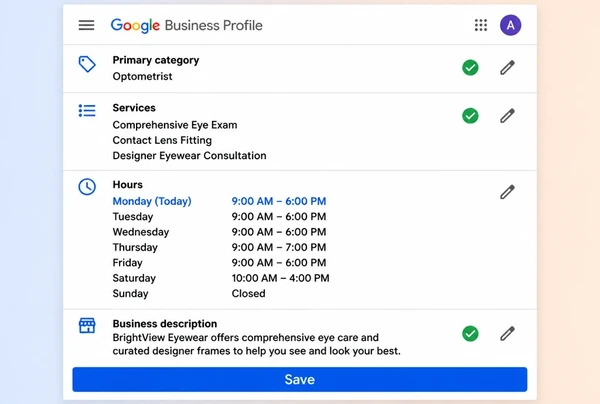 A Google Business Profile edit screen for an eyewear brand with category, services, hours and description