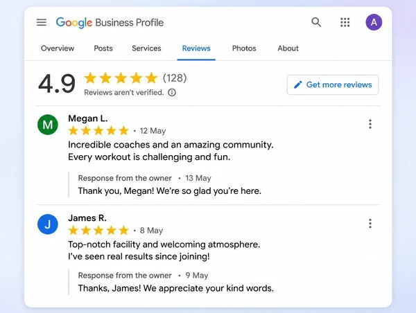 A Google Business Profile reviews screen for a boutique gym showing two reviews with owner replies