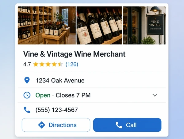 A Google Maps listing for a wine merchant showing rating, address, hours and a call button