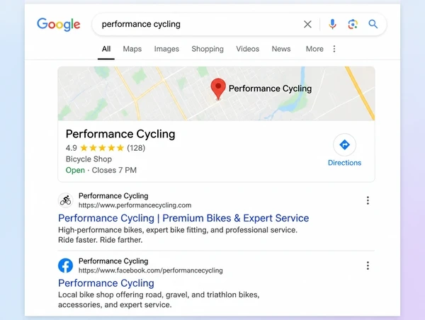 A Google results page where a performance cycling shop appears in the map result and two listings