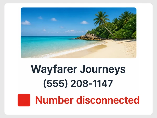 Wayfarer Journeys call screen shows phone number 555-208-1147 as disconnected beside a red stop square.