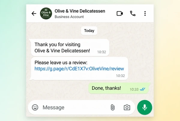 A WhatsApp Business chat where a delicatessen asks a customer for a review and they reply