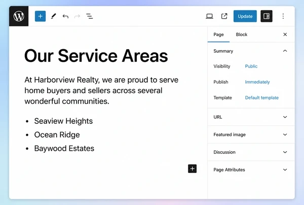 A WordPress editor showing a service area page being written for a real estate agency