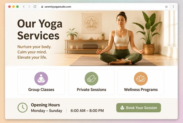 A yoga studio website page showing the service, three service cards and the opening hours