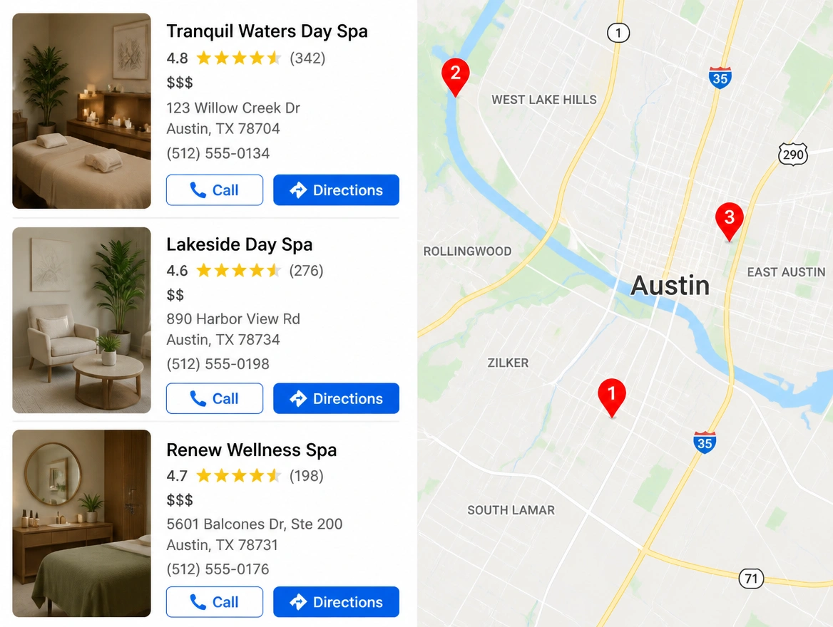Map search results listing three day spas with ratings and call and directions buttons