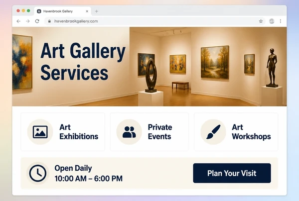 An art gallery website page showing the service, three service cards and the opening hours
