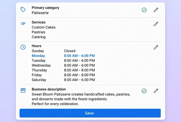 A Google Business Profile edit screen for a patisserie with category, services, hours and description