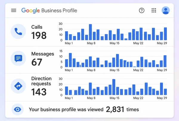 A Google Business Profile performance screen for an accountancy practice counting calls, messages and directions
