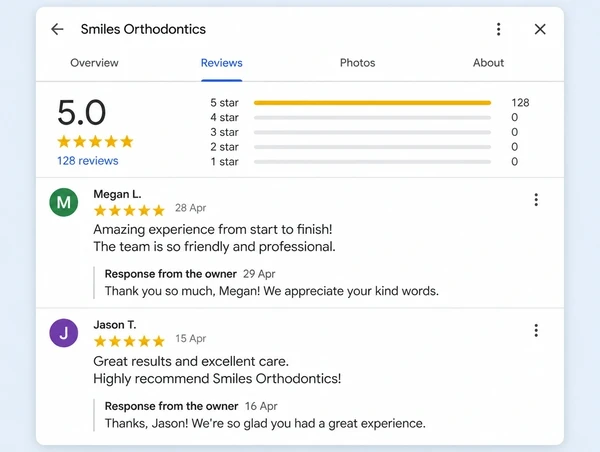 A Google Business Profile reviews screen for an orthodontic practice showing two reviews with owner replies
