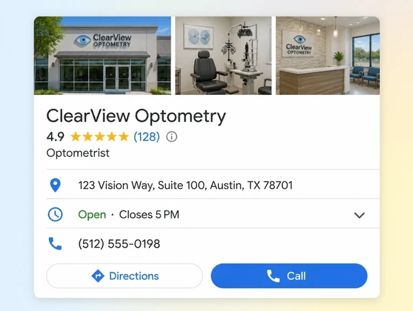 A Google Maps listing for an optometry practice showing rating, address, hours and a call button