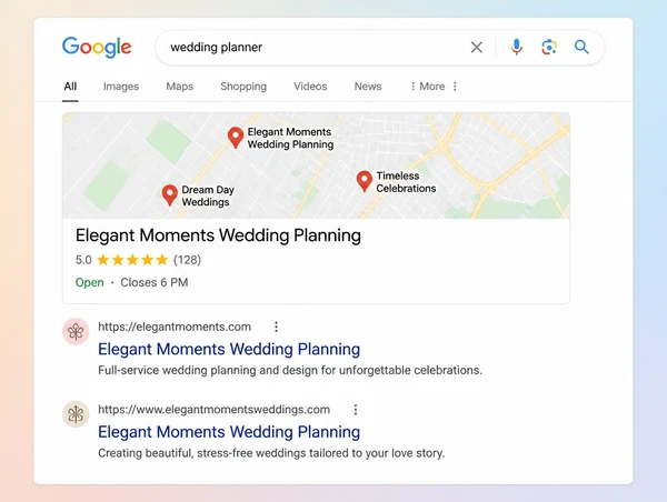 A Google results page where a wedding planner appears in the map result and two listings