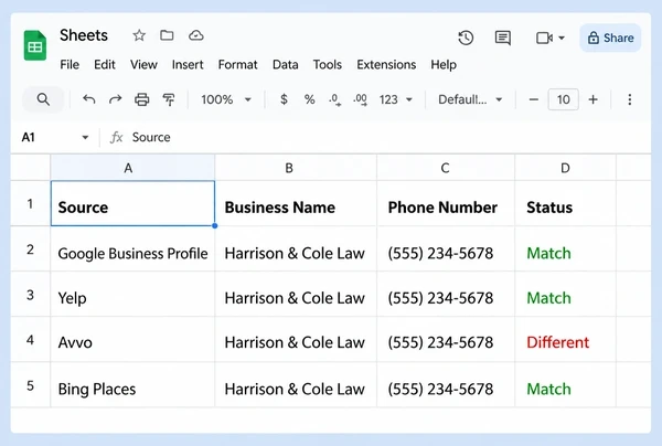 A Google Sheets listings check for a law practice with three matching sources and one that differs