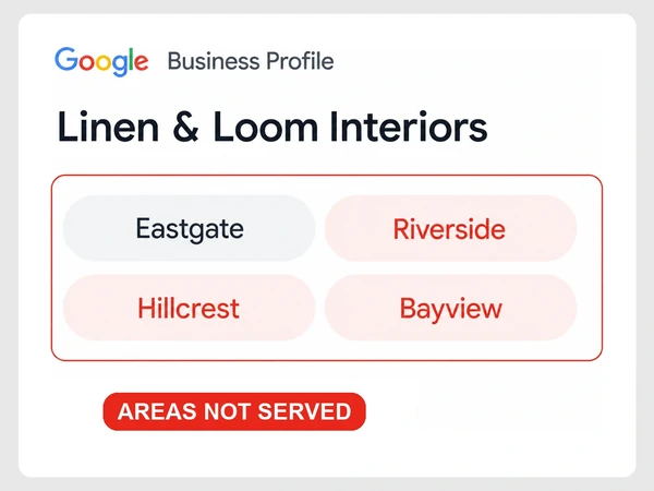 Linen & Loom Interiors profile marks Riverside, Hillcrest, and Bayview as red service areas that are not served.