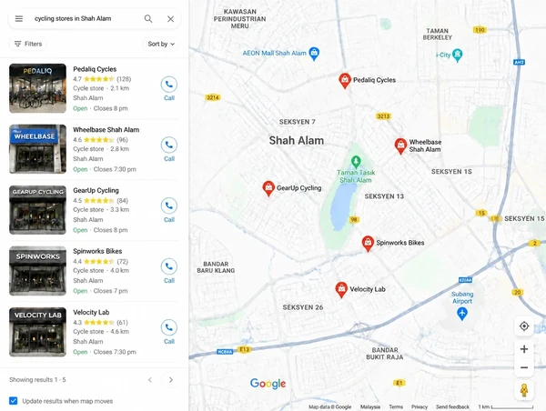 Map results for cycling stores in Shah Alam with ratings and call buttons