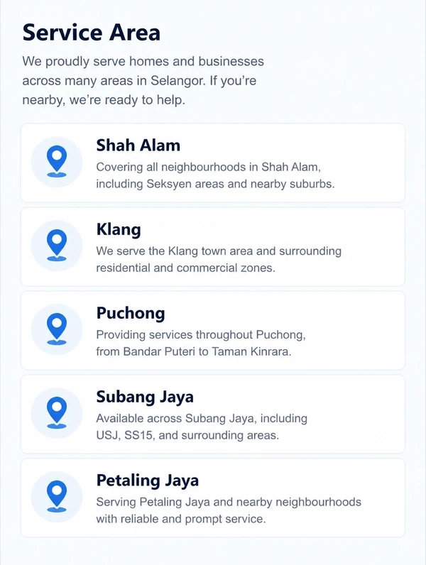 A phone showing a service area listing naming the towns covered in Selangor