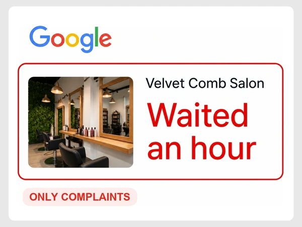 Velvet Comb Salon newest Google review says Waited an hour in red and is labeled Only complaints.