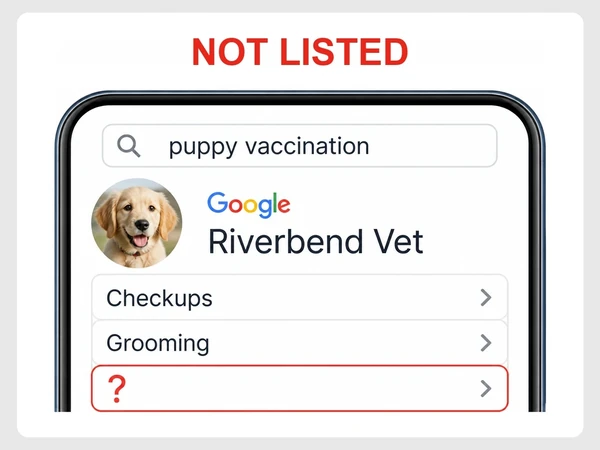Riverbend Vet Google profile lists Checkups and Grooming but shows a question mark for puppy vaccination.