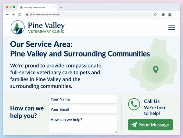 A veterinary practice service area page with a short intro and a three field enquiry block