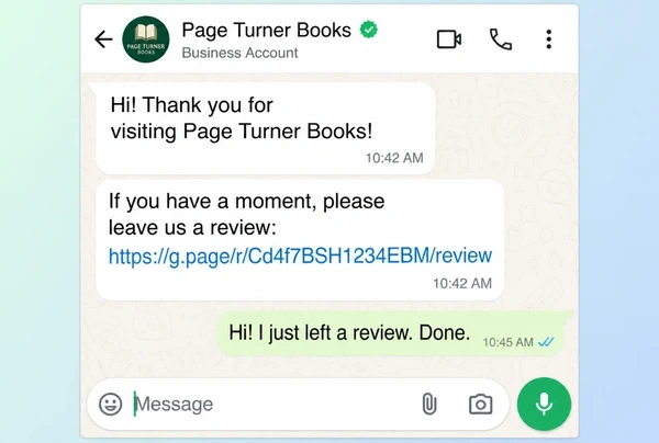 A WhatsApp Business chat where a bookshop asks a customer for a review and they reply