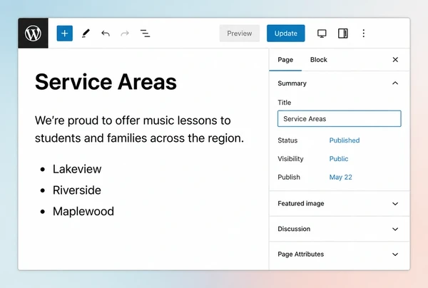 A WordPress editor showing a service area page being written for a music school
