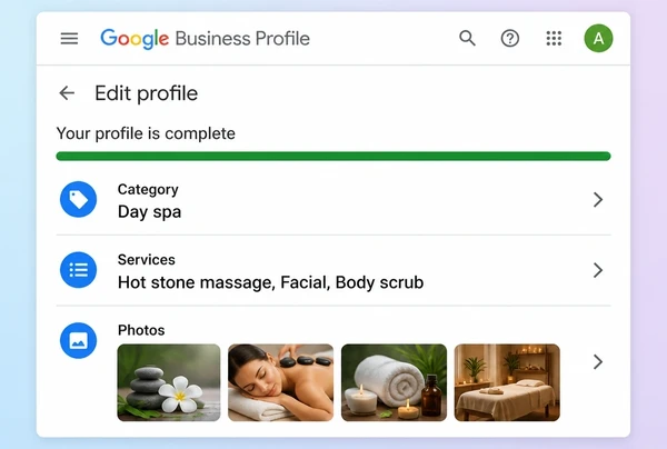 A Google Business Profile editor for a day spa showing its category, services and photos