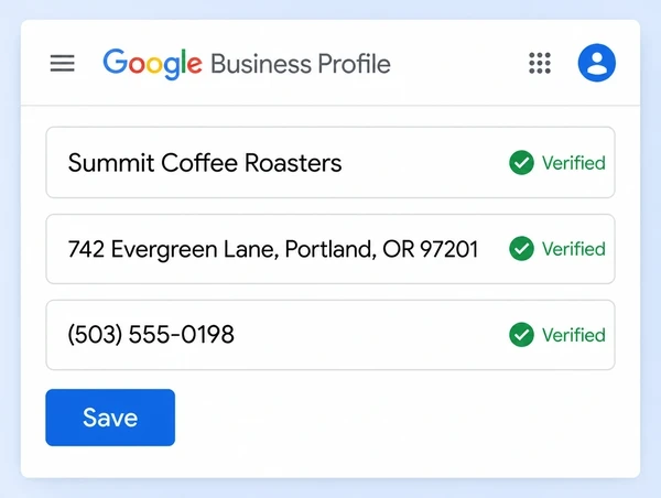 A Google Business Profile information screen with the name, address and phone all verified