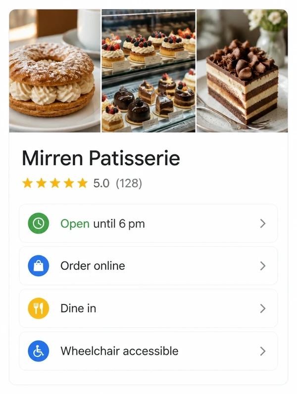 A Google Business Profile panel for a patisserie with photos, rating and four detail rows