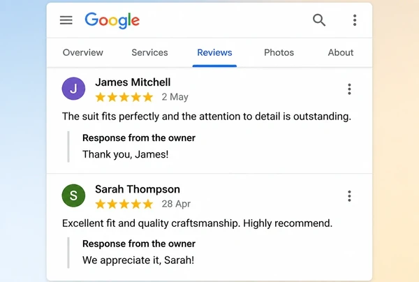 A Google Business Profile reviews panel showing two customer reviews with a short owner reply on each