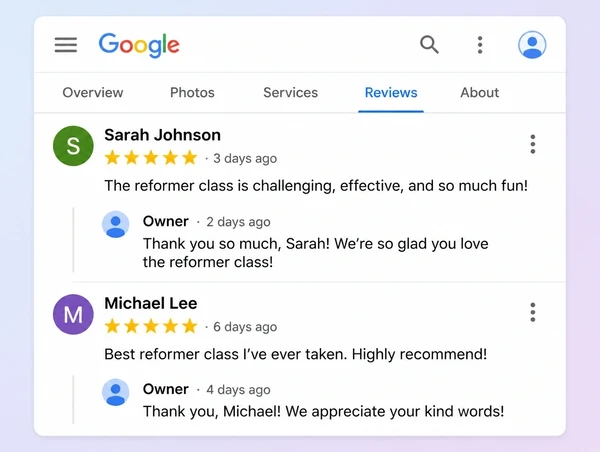 A Google Business Profile reviews panel for a pilates studio with two reviews and owner replies