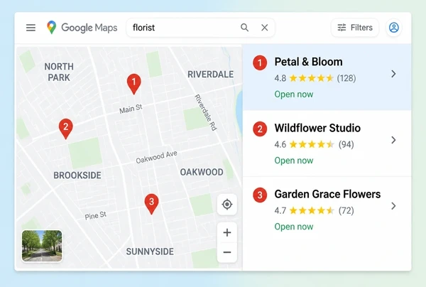 A Google Maps view with three numbered pins beside three florist listings and their ratings
