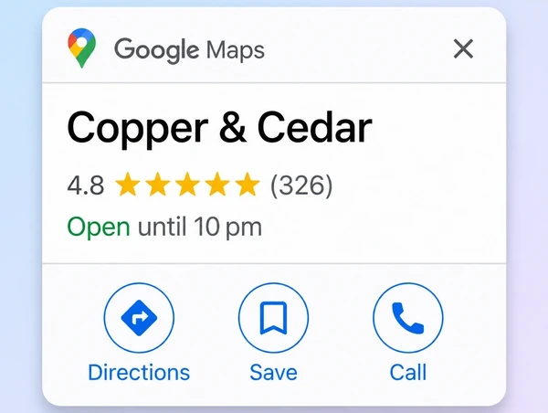 A Google Maps panel for a restaurant showing its rating, opening line and directions button