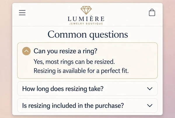 A jewellery boutique questions page with three questions, the first opened to a short answer