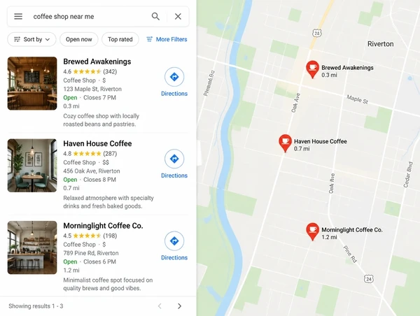 Map results showing nearby businesses with ratings and directions