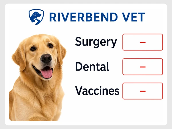 Riverbend Vet services page lists Surgery, Dental, and Vaccines with red dashes instead of descriptions.