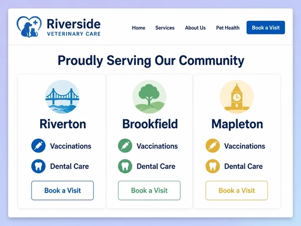 A veterinary practice page with three area cards, each naming services and a booking button