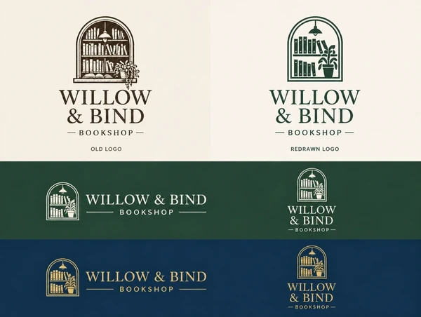 A bookshop logo presentation board showing the old logo, the redrawn logo and its variants