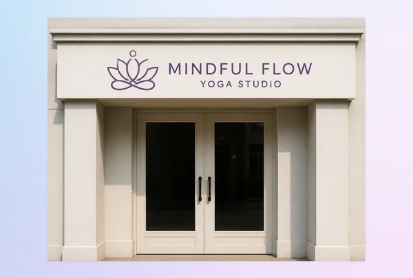 A finished yoga studio logo fitted to a shopfront sign, shown straight on