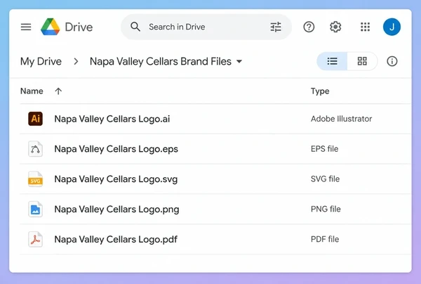 A Google Drive folder listing the finished wine merchant logo files in five formats