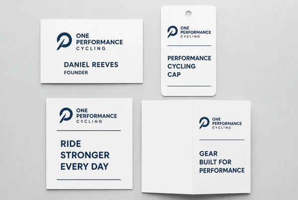 A name card, label, sign panel and leaflet all carrying the same performance cycling logo