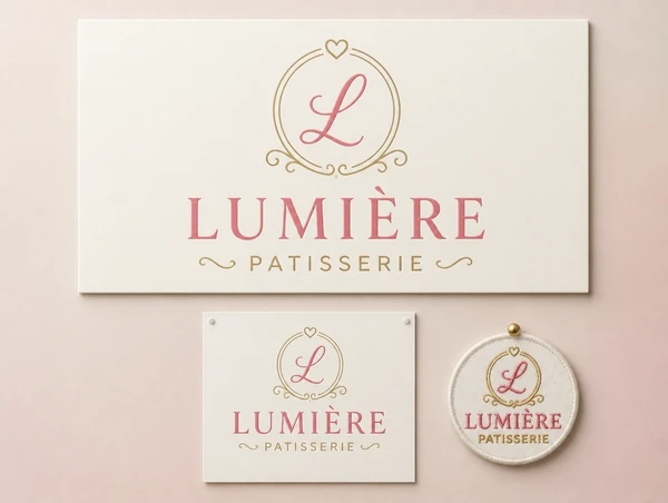 A patisserie logo shown on a large sign, a printed notice and a small embroidered patch