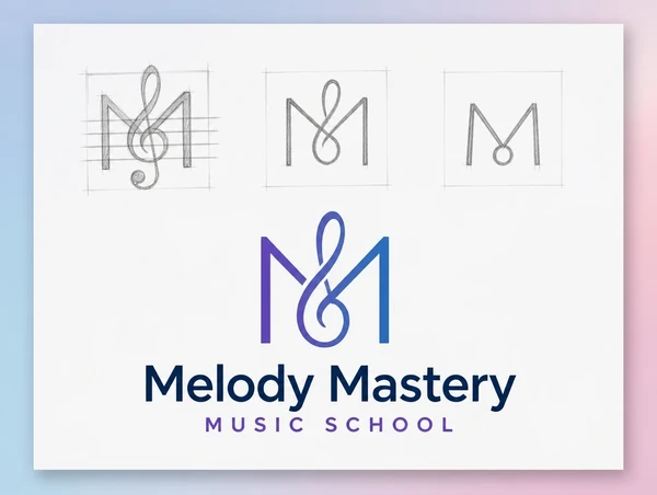 Three pencil sketches above the finished approved music school logo on a presentation board