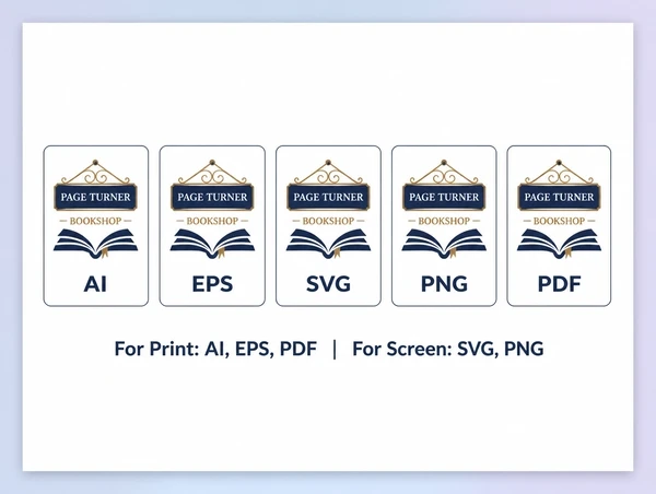 A printed handover sheet showing the bookshop logo in five named file formats