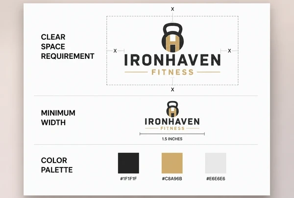 A printed logo usage sheet for a boutique gym showing clear space, minimum size and colour codes